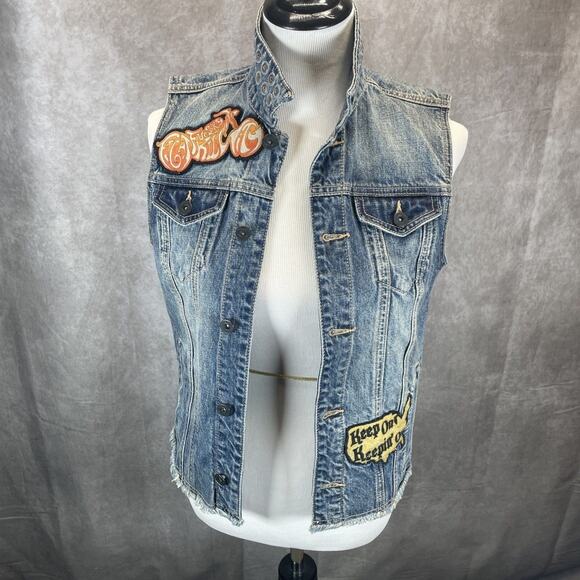 Kill City Fight F@@k Kill Denim Biker Vest Women Med Sleeveless Studded Patches - Picture 10 of 10